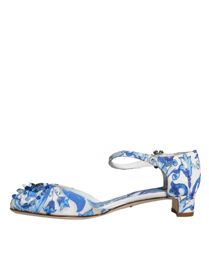 Dolce &amp; Gabbana – Sandalen mit Knöchelriemen in Weiß und Blau mit Majolika-Print