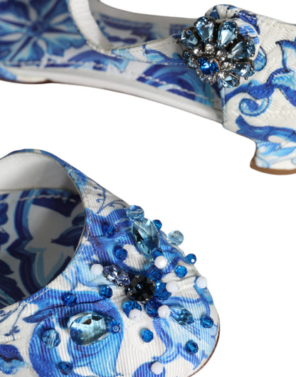 Dolce &amp; Gabbana – Sandalen mit Knöchelriemen in Weiß und Blau mit Majolika-Print