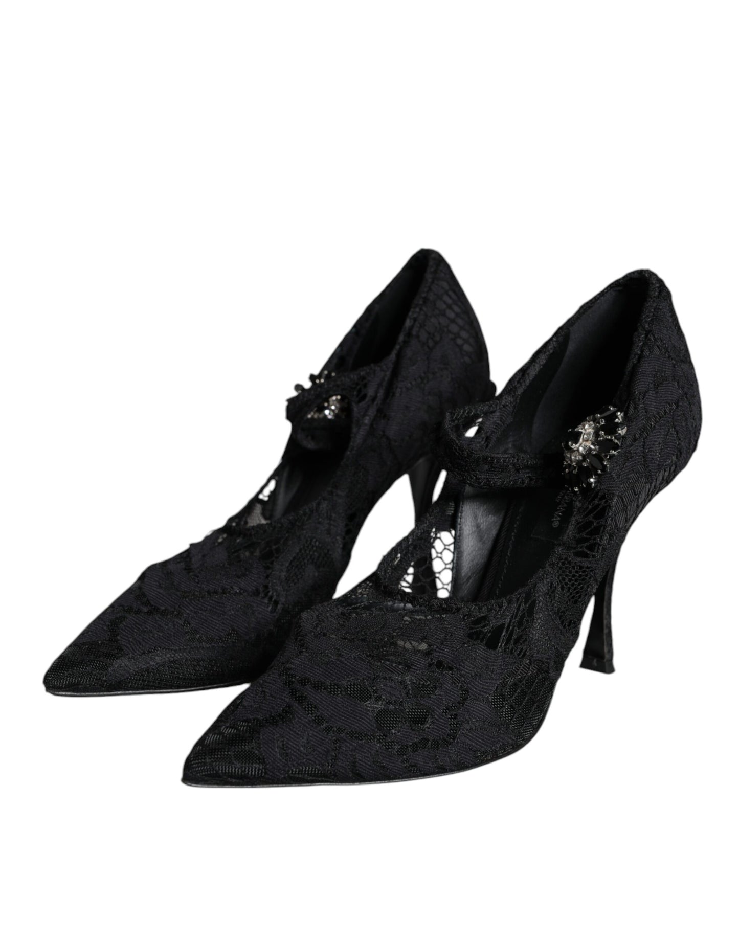 Dolce &amp; Gabbana Schwarze Mary Jane Pumps mit Spitze und Kristallen