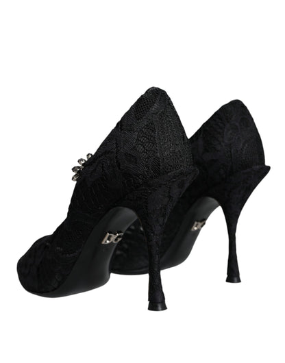 Dolce &amp; Gabbana Schwarze Mary Jane Pumps mit Spitze und Kristallen