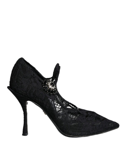 Dolce &amp; Gabbana Schwarze Mary Jane Pumps mit Spitze und Kristallen