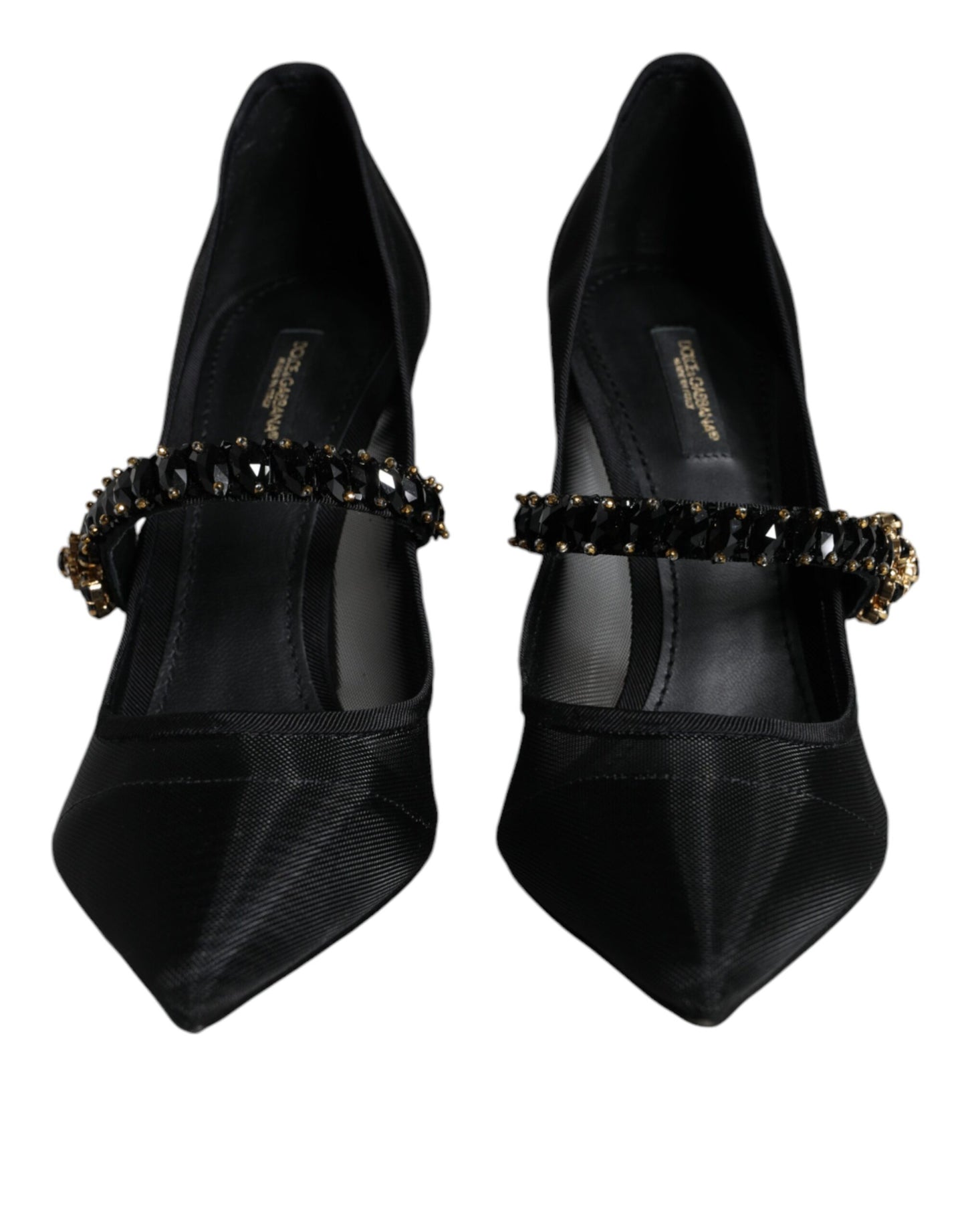 Dolce &amp; Gabbana – Schwarze Mary-Jane-Pumps aus Netzstoff mit Kristallabsatz