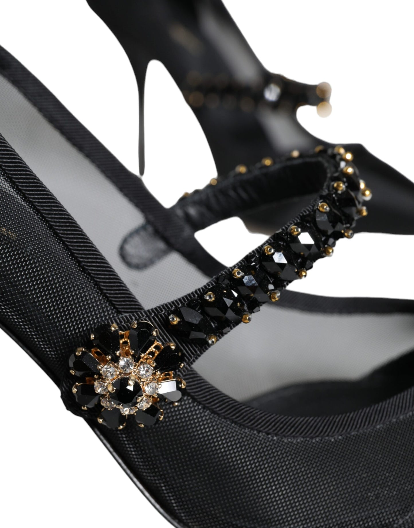 Dolce &amp; Gabbana – Schwarze Mary-Jane-Pumps aus Netzstoff mit Kristallabsatz