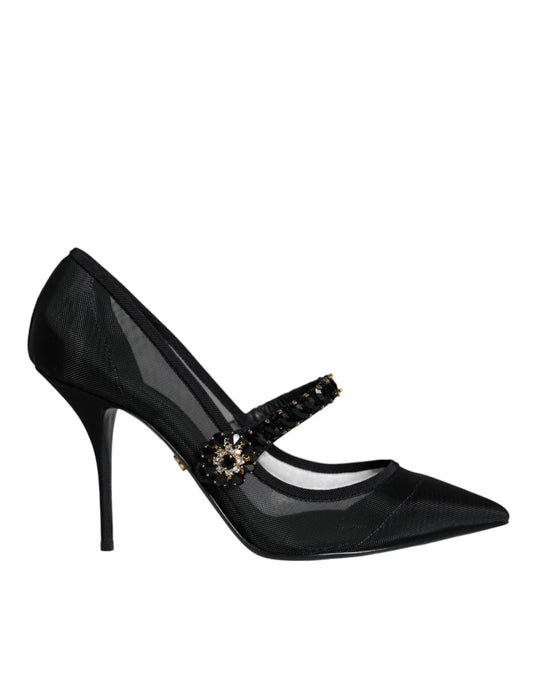 Dolce &amp; Gabbana – Schwarze Mary-Jane-Pumps aus Netzstoff mit Kristallabsatz