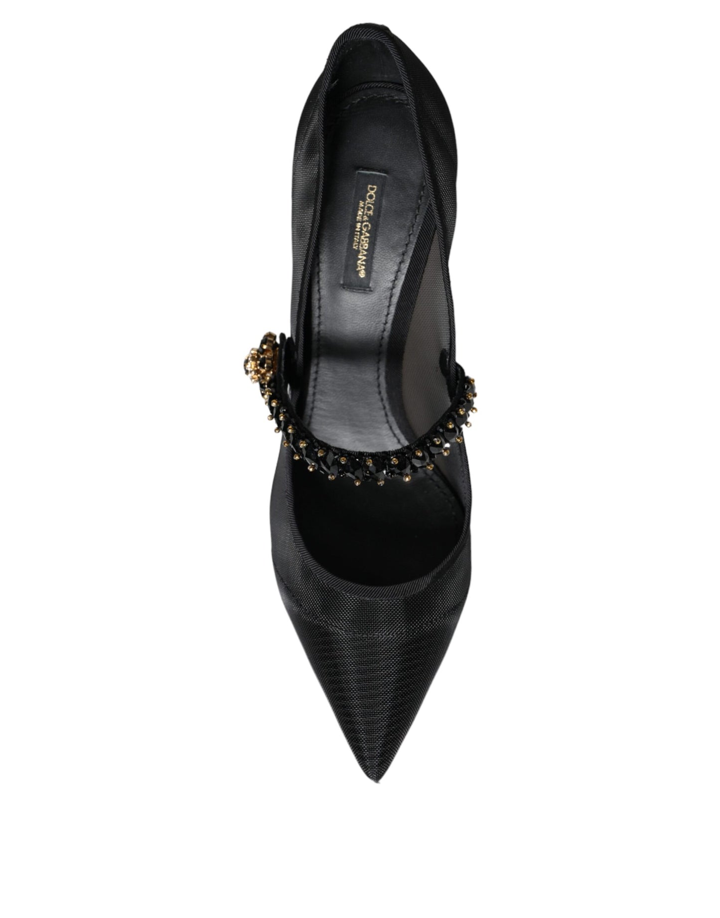 Dolce &amp; Gabbana – Schwarze Mary-Jane-Pumps aus Netzstoff mit Kristallabsatz