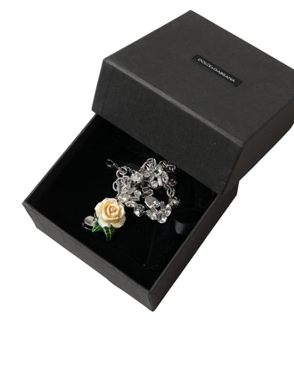 Dolce & Gabbana Silver Brass Clear Crystal Roses Pendants Necklace