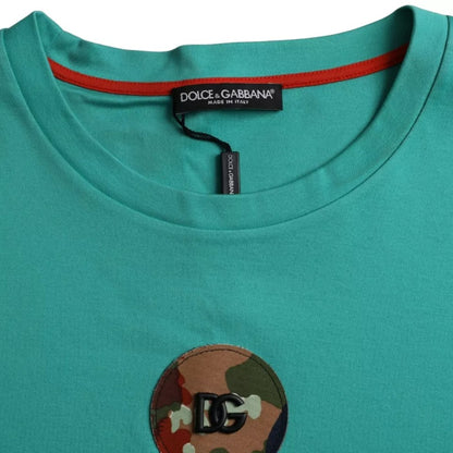 Dolce &amp; Gabbana Grünes Baumwoll-T-Shirt mit Rundhalsausschnitt und Logo-Patch