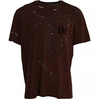 Dolce &amp; Gabbana – T-Shirt aus Baumwolle mit Rundhalsausschnitt und Farbspritzern in Braun