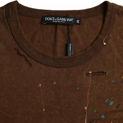 Dolce &amp; Gabbana – T-Shirt aus Baumwolle mit Rundhalsausschnitt und Farbspritzern in Braun