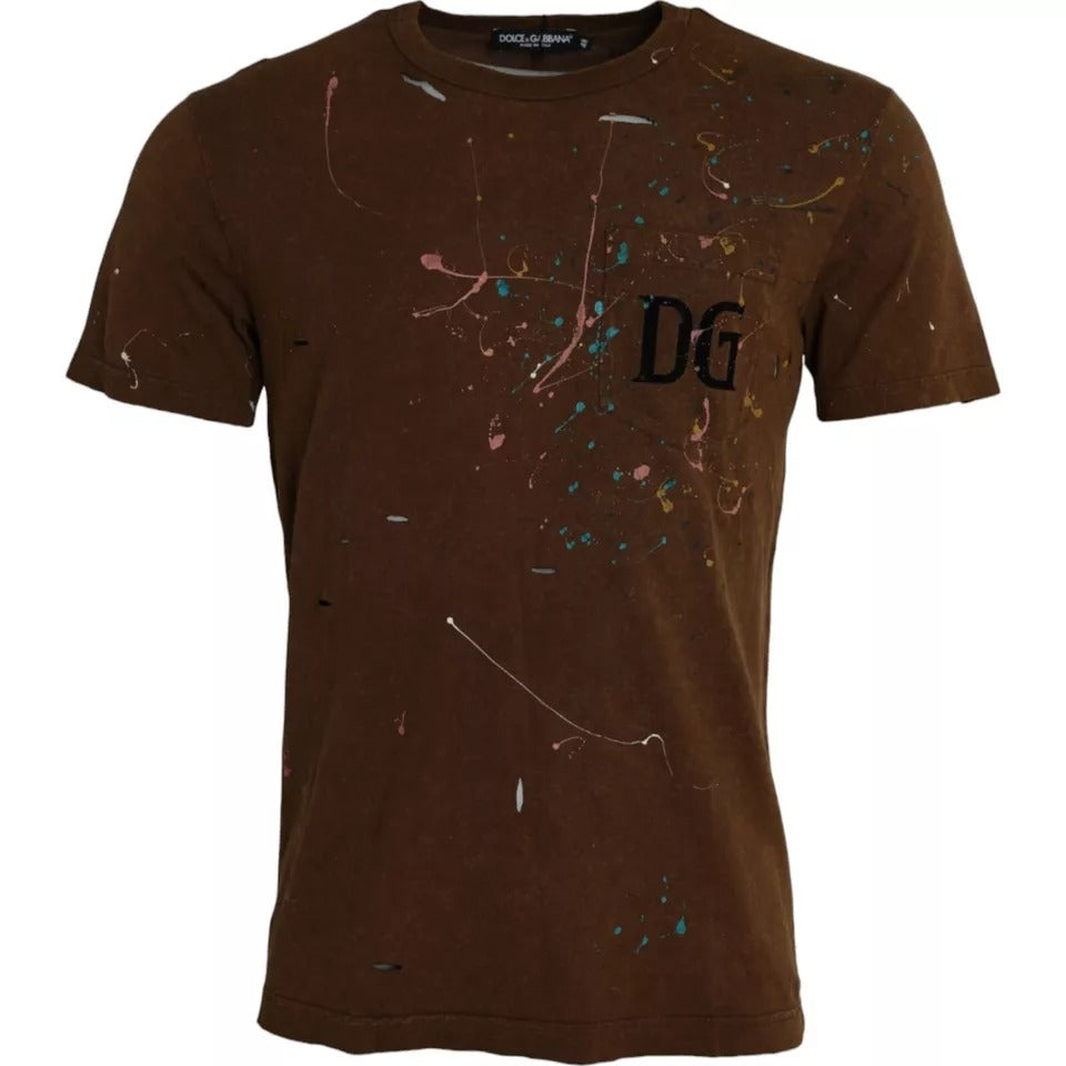 Dolce &amp; Gabbana – T-Shirt aus Baumwolle mit Rundhalsausschnitt und Farbspritzern in Braun