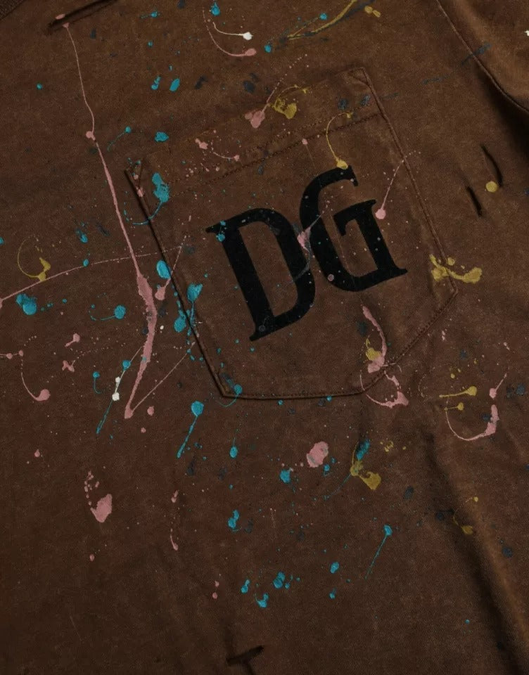 Dolce &amp; Gabbana – T-Shirt aus Baumwolle mit Rundhalsausschnitt und Farbspritzern in Braun