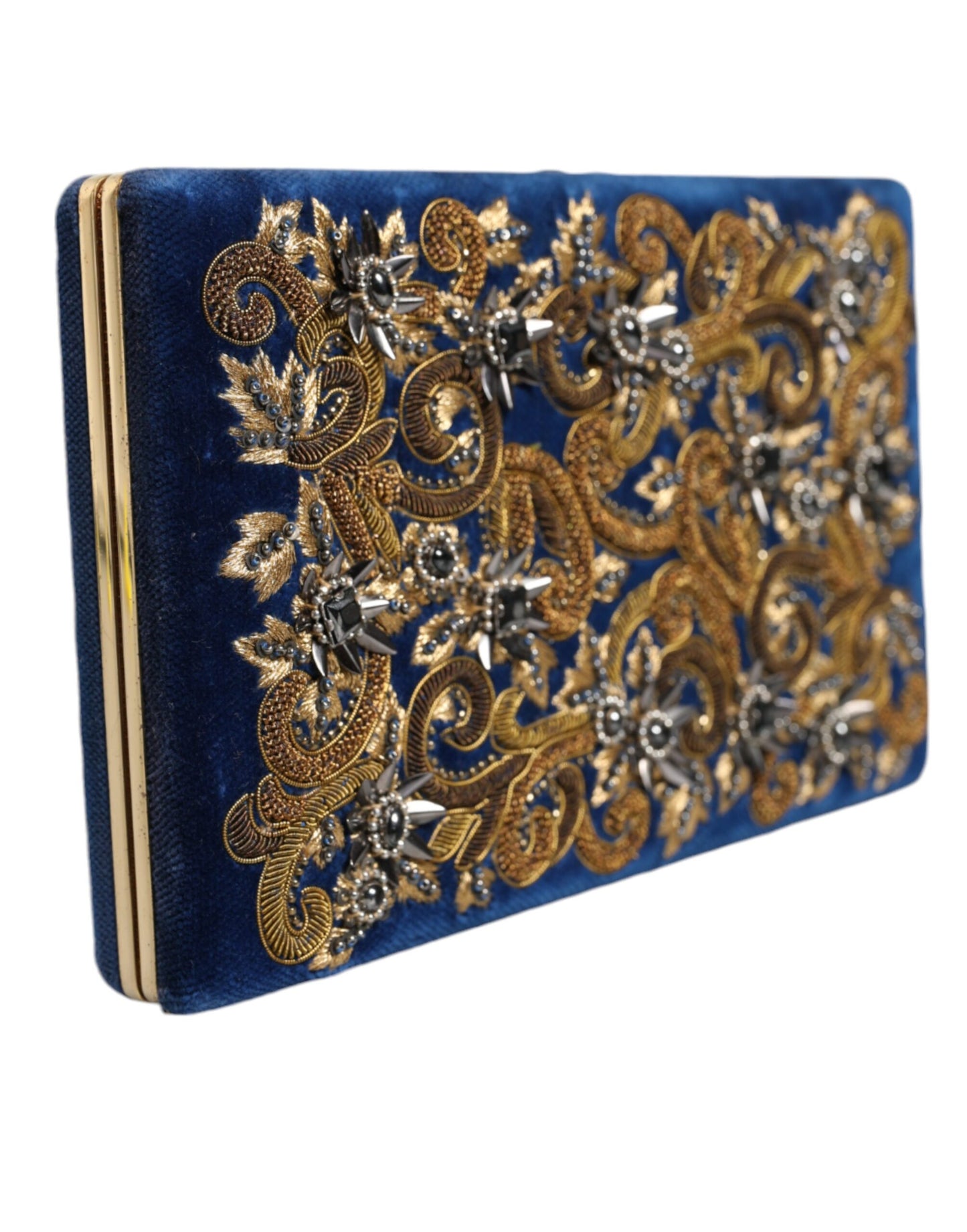 Dolce &amp; Gabbana - Clutch aus blauem Samt mit Goldrahmen, Abendtasche für Partys