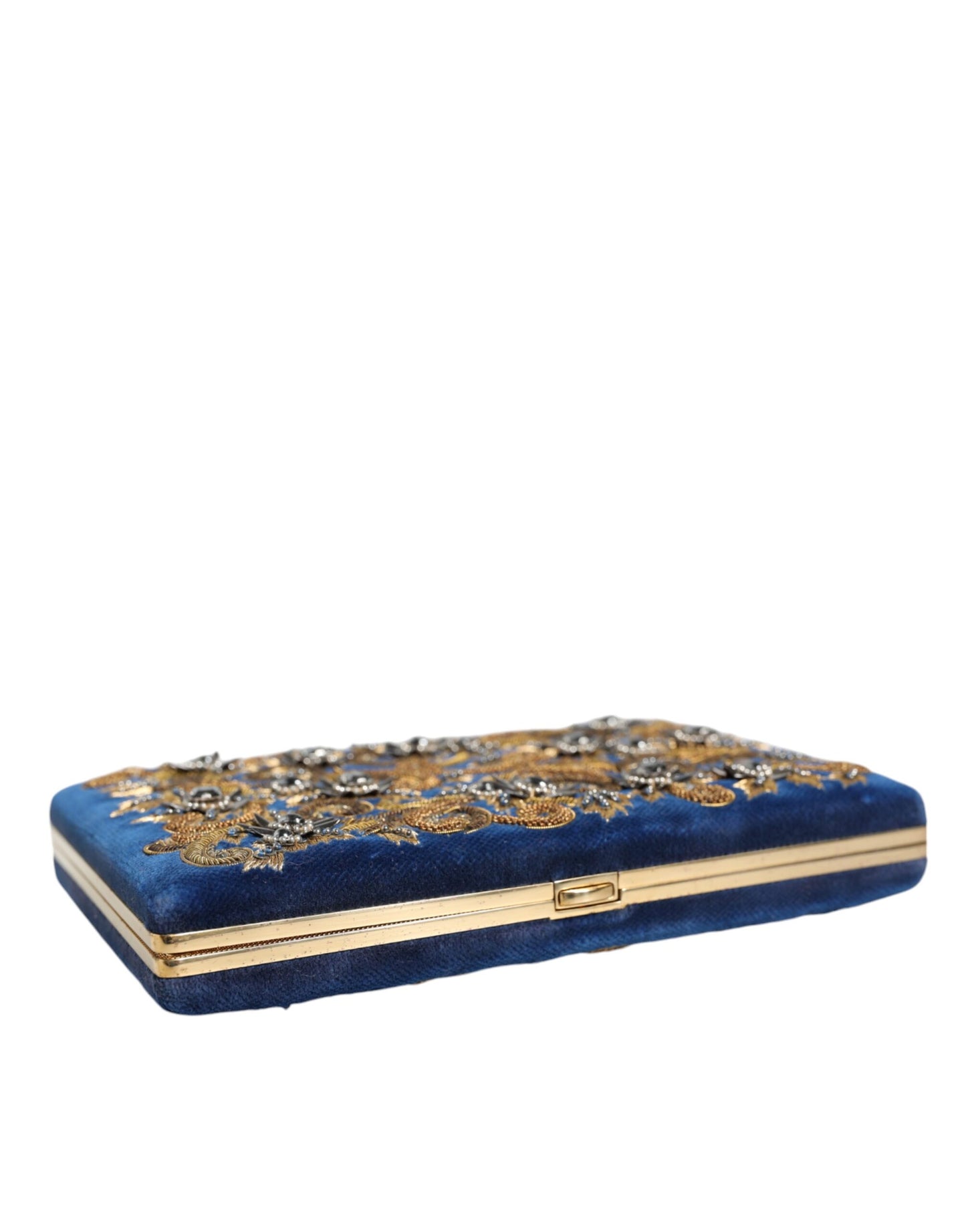 Dolce &amp; Gabbana - Clutch aus blauem Samt mit Goldrahmen, Abendtasche für Partys