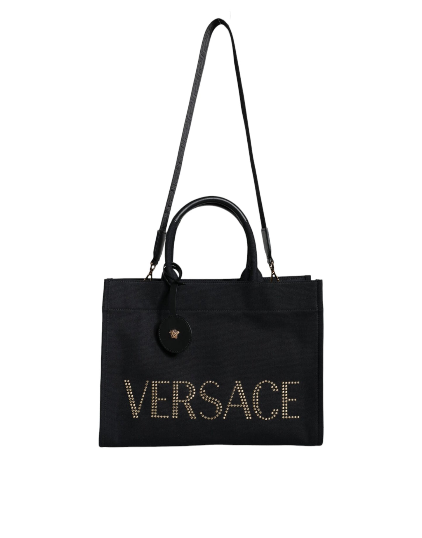 Versace – Schwarze Umhängetasche aus Canvas und Leder mit Logo