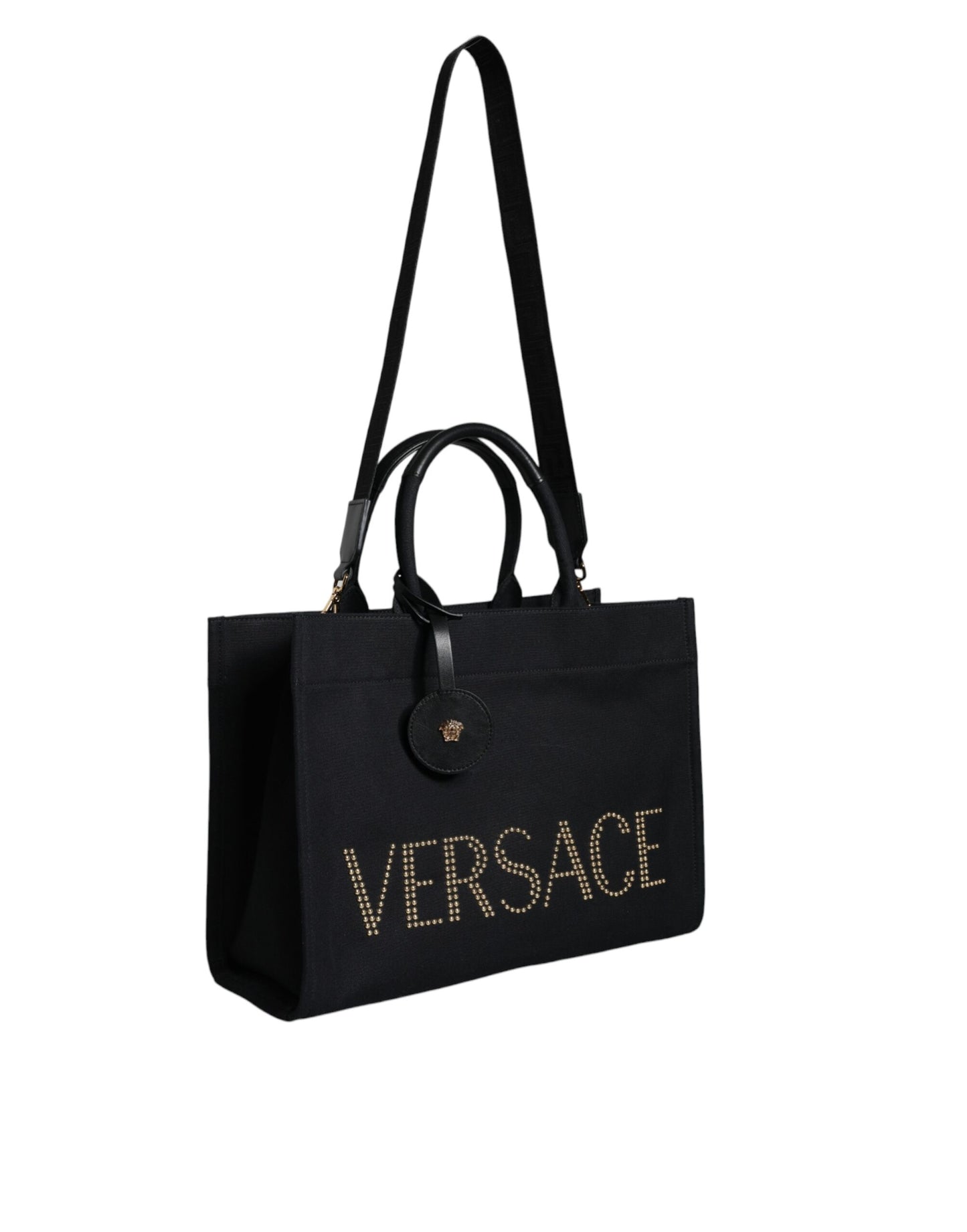 Versace – Schwarze Umhängetasche aus Canvas und Leder mit Logo