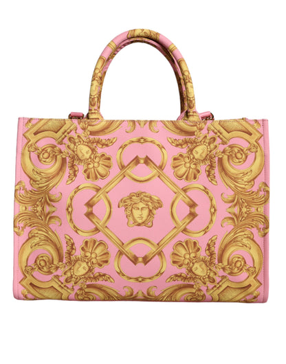 Versace – Große Einkaufstasche aus Stoff und Leder mit Aufdruck in Rosa