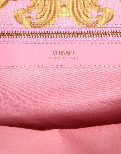 Versace – Große Einkaufstasche aus Stoff und Leder mit Aufdruck in Rosa