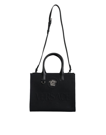 Versace – Schwarze Umhängetasche aus Canvas und Leder mit Logo