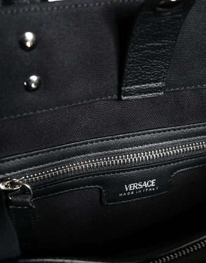 Versace – Schwarze Umhängetasche aus Canvas und Leder mit Logo