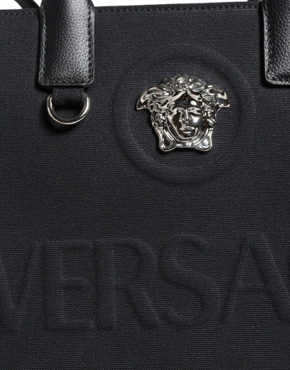 Versace – Schwarze Umhängetasche aus Canvas und Leder mit Logo