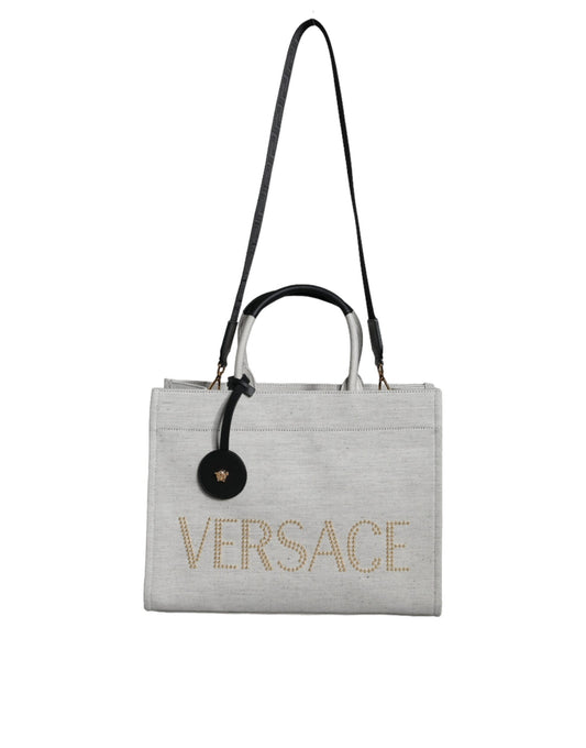 Versace – Umhängetasche aus Canvas und Leder mit Logo in Weiß