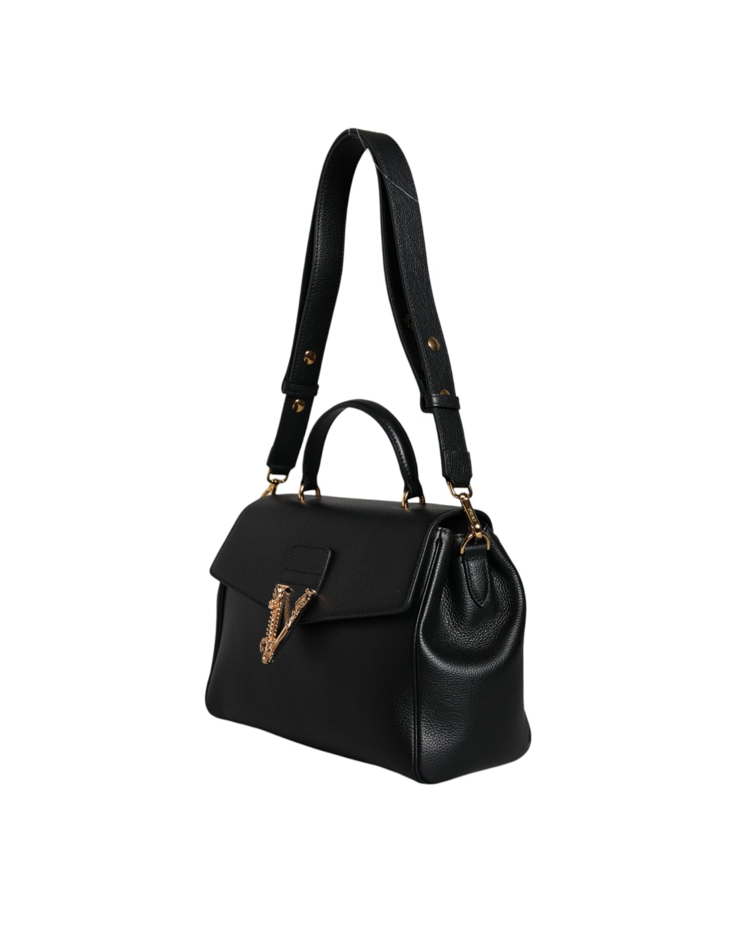 Versace Black Top Handle Grainy Calfskin Leather Crossbody Bag