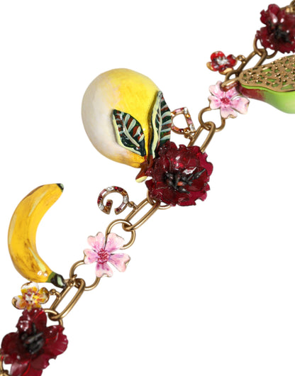 Dolce &amp; Gabbana Halskette mit Obstanhängern und Blumen und Kristalllogo aus goldenem Messing