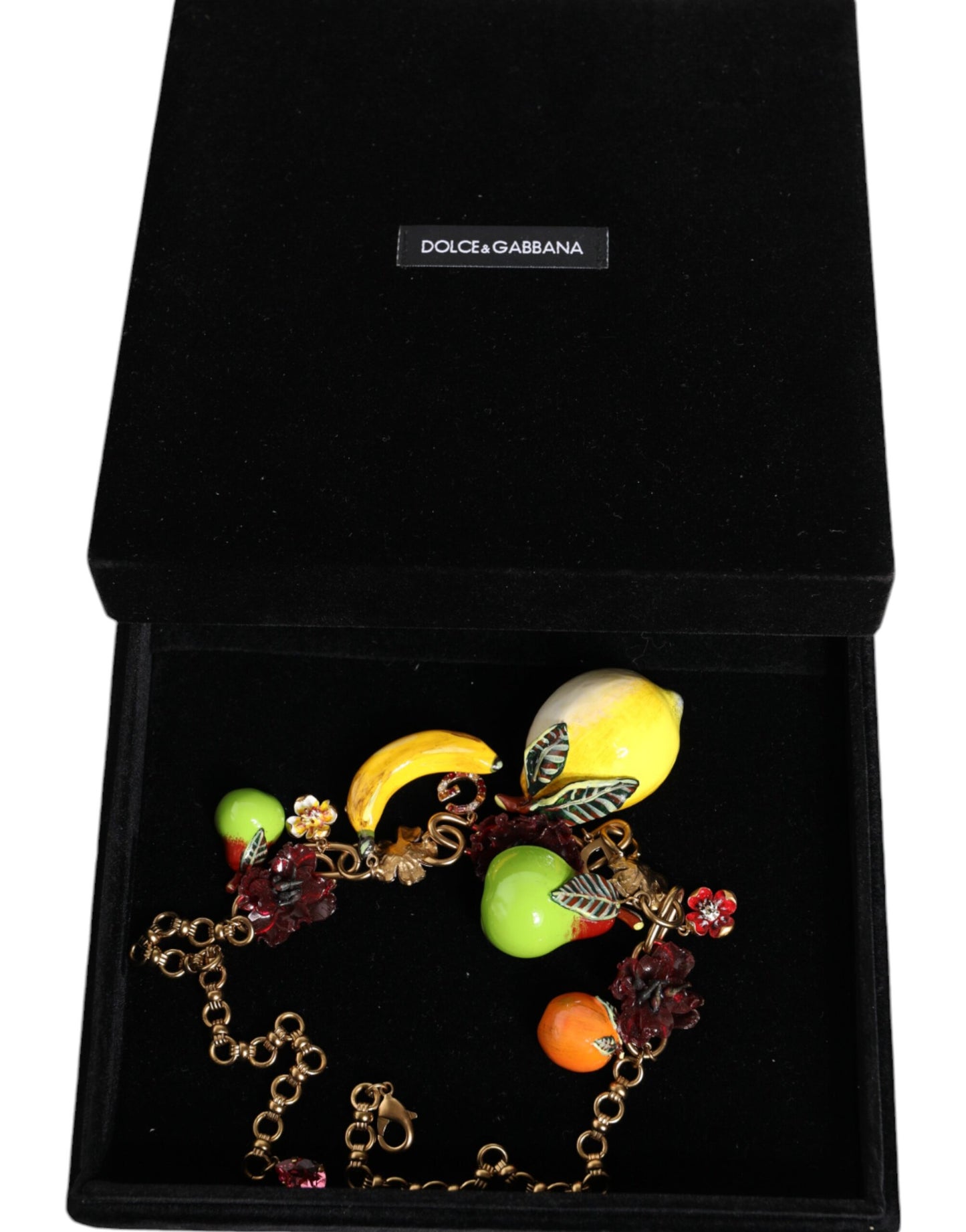 Dolce &amp; Gabbana Halskette mit Obstanhängern und Blumen und Kristalllogo aus goldenem Messing