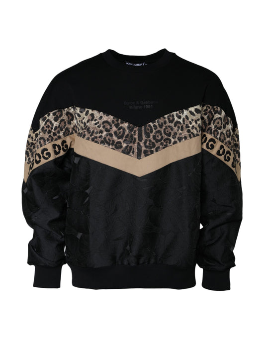 Dolce &amp; Gabbana – Schwarzes Sweatshirt mit Rundhalsausschnitt und Leopardenmuster