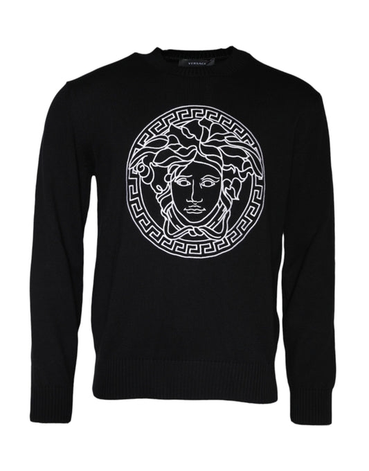 Versace – Schwarzer Pullover mit Rundhalsausschnitt und Medusa-Stickerei