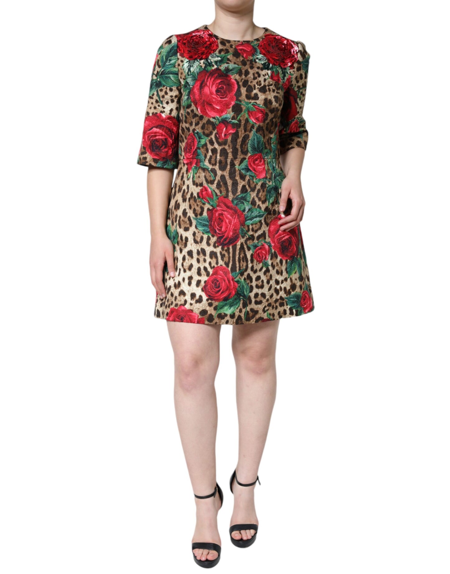 Dolce &amp; Gabbana Braunes A-Linien-Kleid aus Baumwolle mit Leopardenmuster und roten Rosen