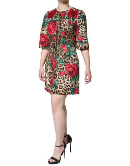 Dolce &amp; Gabbana Braunes A-Linien-Kleid aus Baumwolle mit Leopardenmuster und roten Rosen