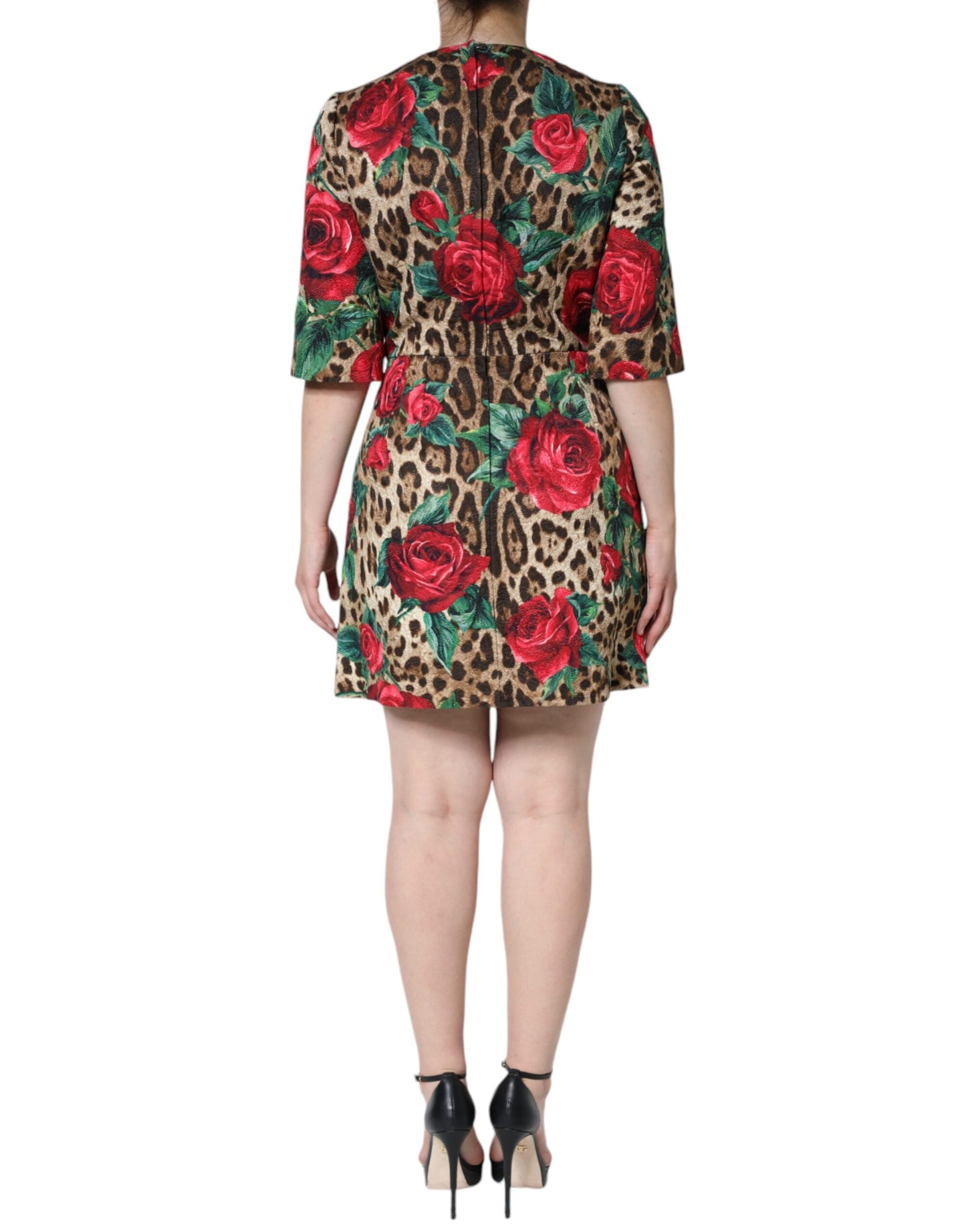 Dolce &amp; Gabbana Braunes A-Linien-Kleid aus Baumwolle mit Leopardenmuster und roten Rosen