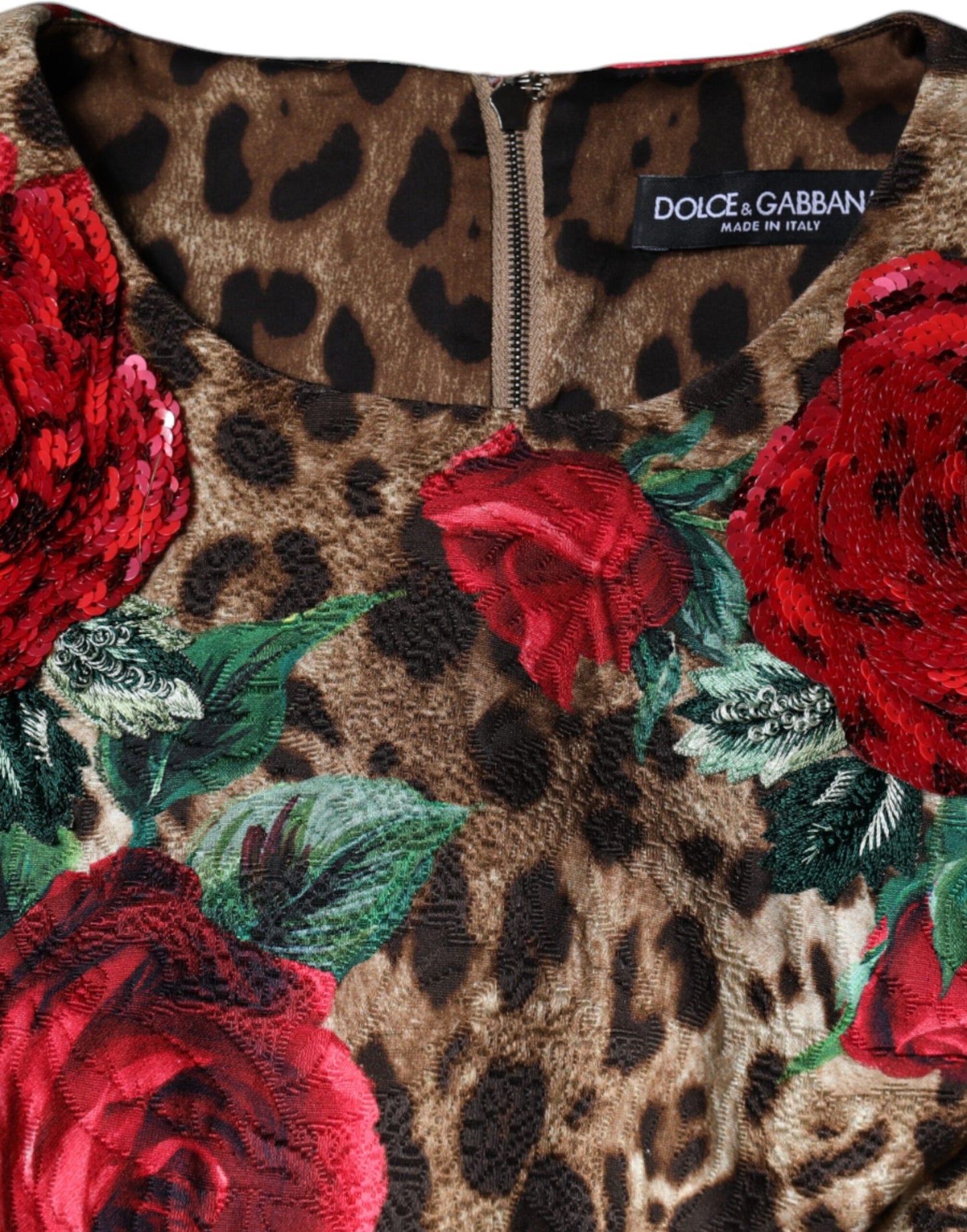 Dolce &amp; Gabbana Braunes A-Linien-Kleid aus Baumwolle mit Leopardenmuster und roten Rosen