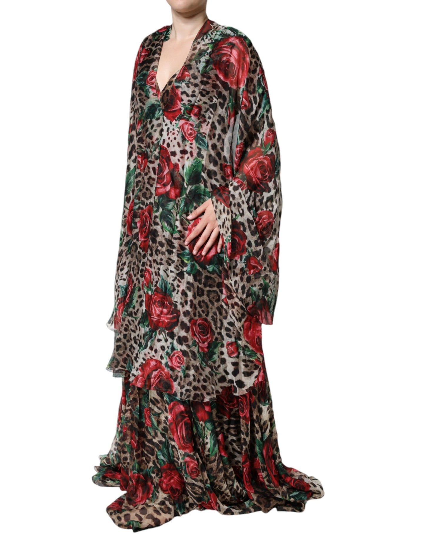 Dolce &amp; Gabbana – Langes Seidenkleid mit Leopardenmuster und roten Rosen, Braun