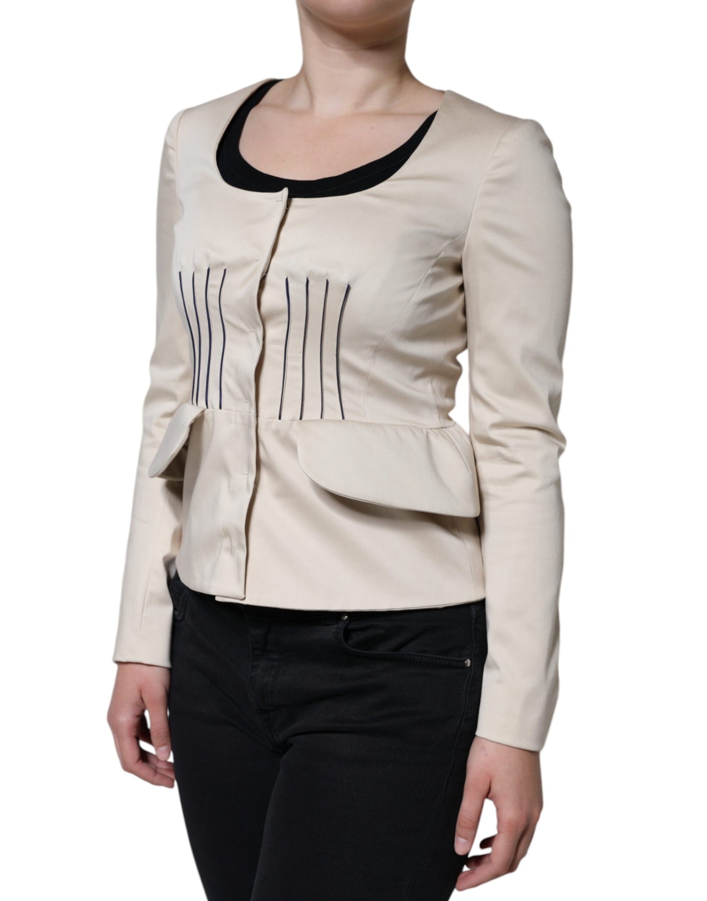 Valentino – Beige Blazerjacke aus Baumwolle mit langen Ärmeln und Rundhalsausschnitt