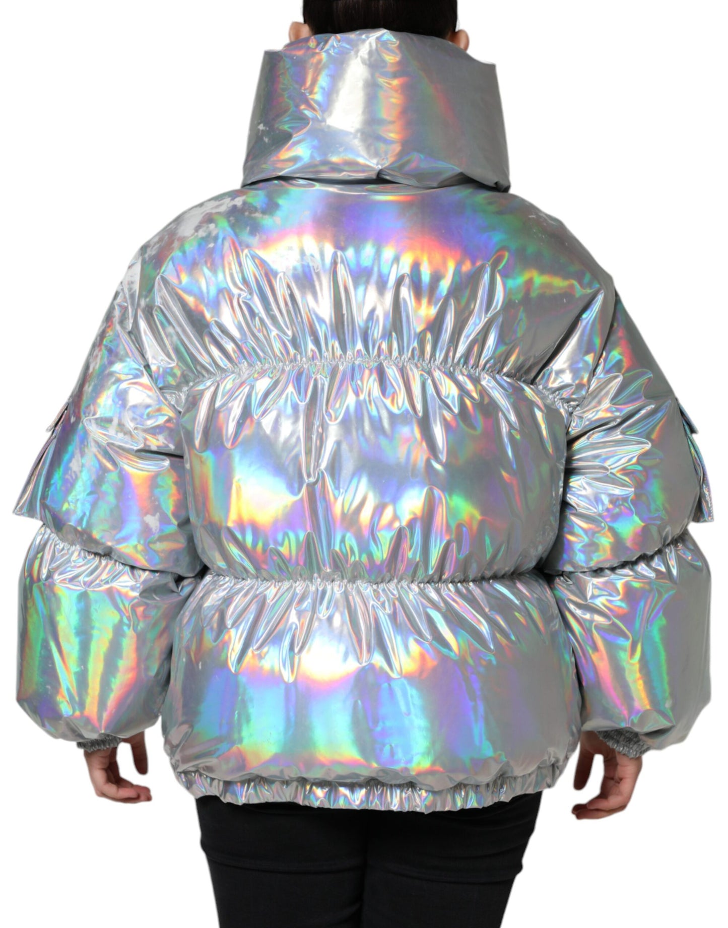 Dolce & Gabbana Silver Iridescent Puffer Full Zip Coat Jacket