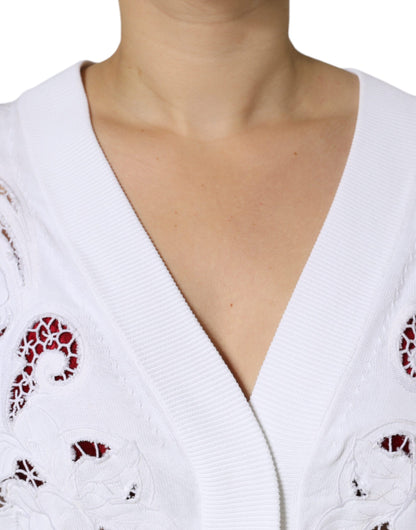 Dolce & Gabbana White Viscose Floral Cut Out Cardigan Sweater