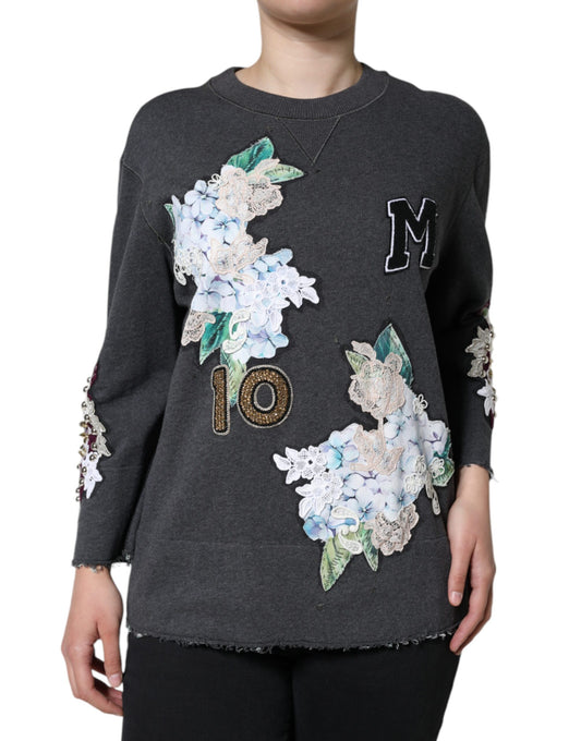 Dolce &amp; Gabbana Grauer Collegepullover mit Blumenmuster und Nieten in Hortensie-Optik