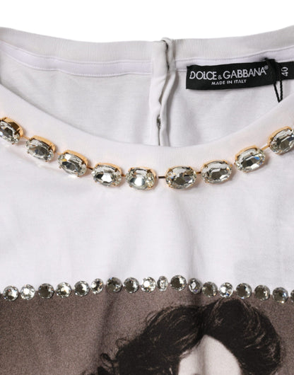 Dolce &amp; Gabbana – Bedrucktes T-Shirt mit Kristallverzierung am Ausschnitt in Weiß