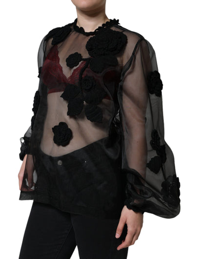 Dolce &amp; Gabbana – Transparente Bluse aus Nylonnetz in Schwarz mit Blumenmuster