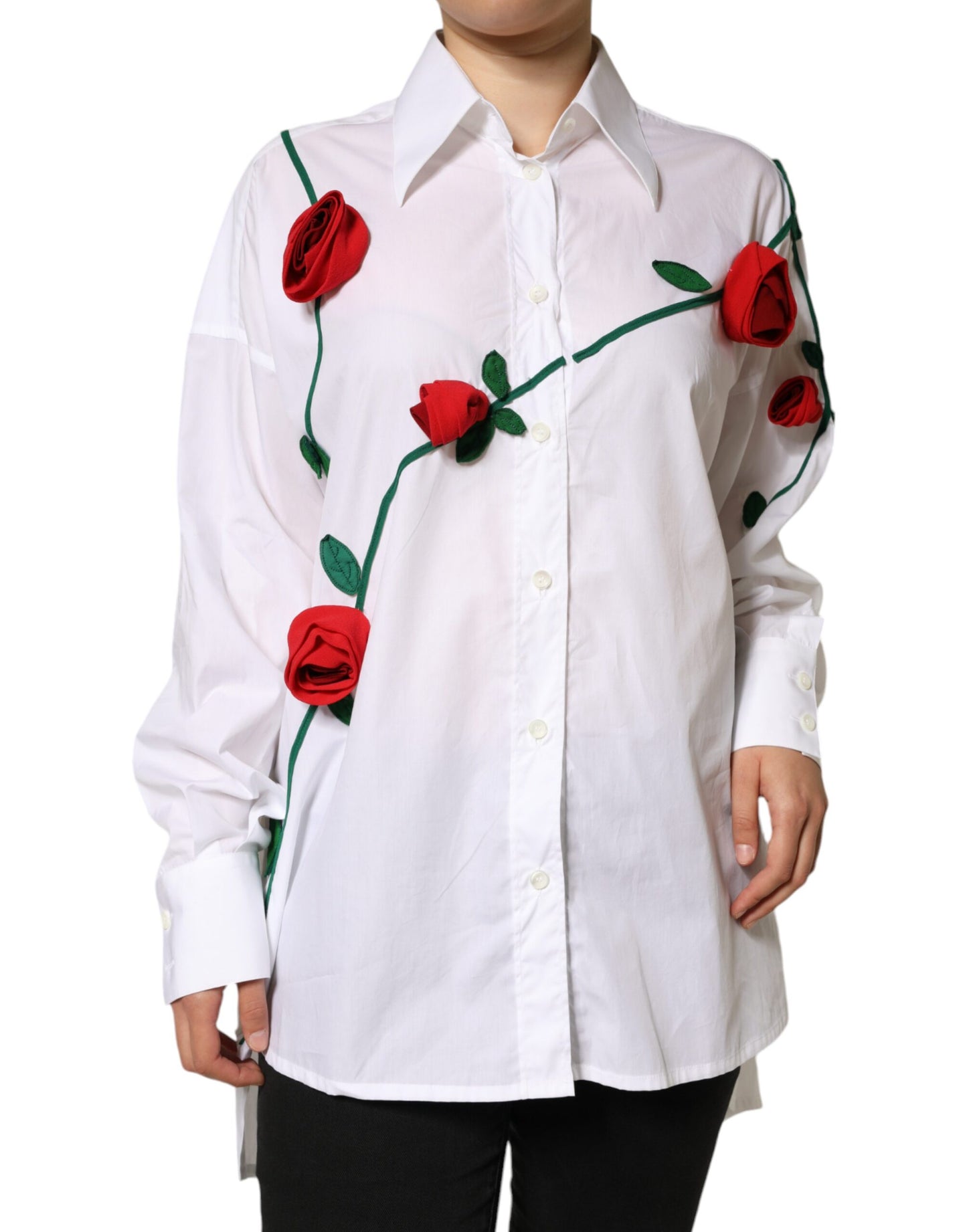 Dolce & Gabbana White Cotton Flower Applique Dress Shirt Top