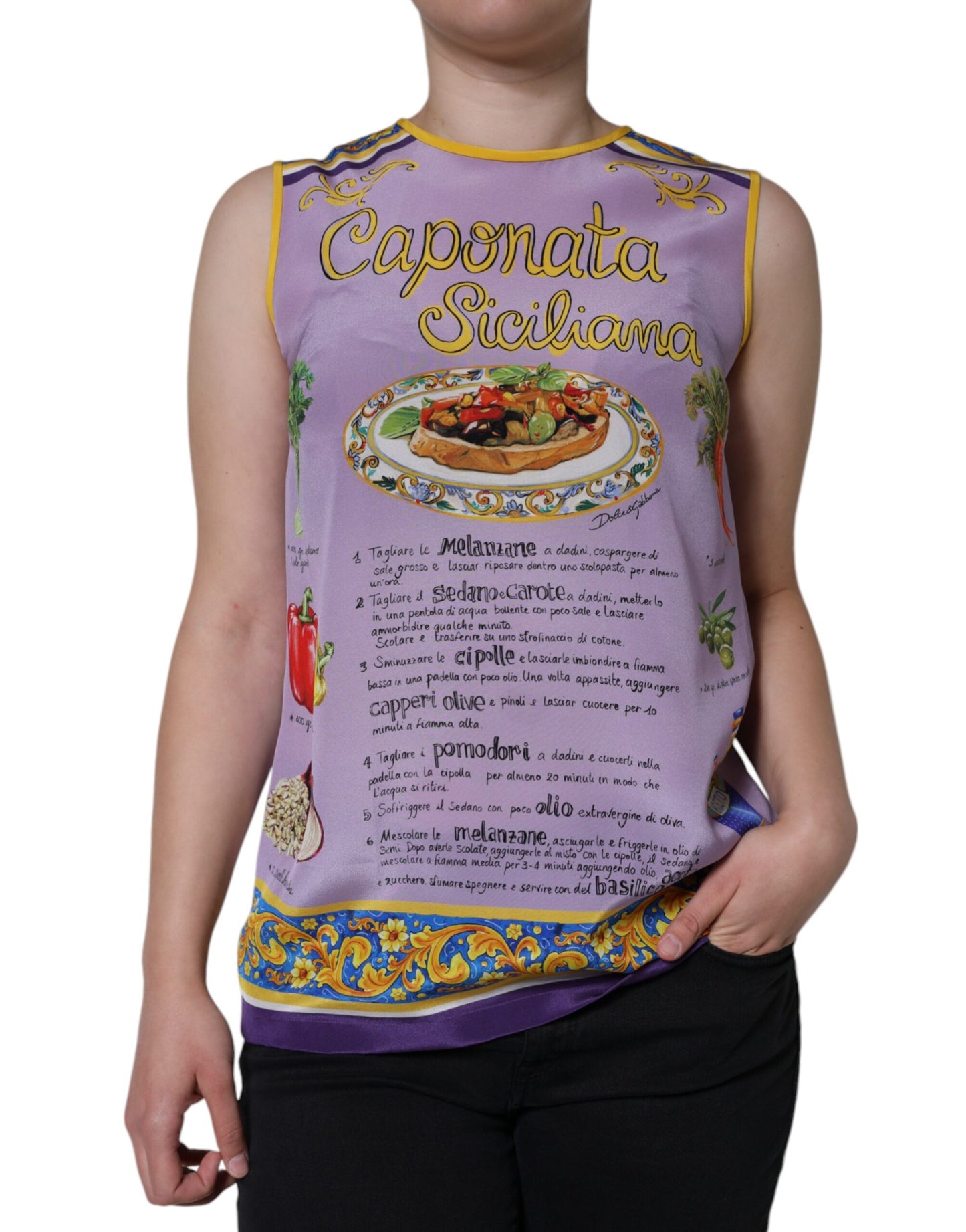 Dolce &amp; Gabbana Lila Seiden-Tanktop mit Caponata Siciliana-Print