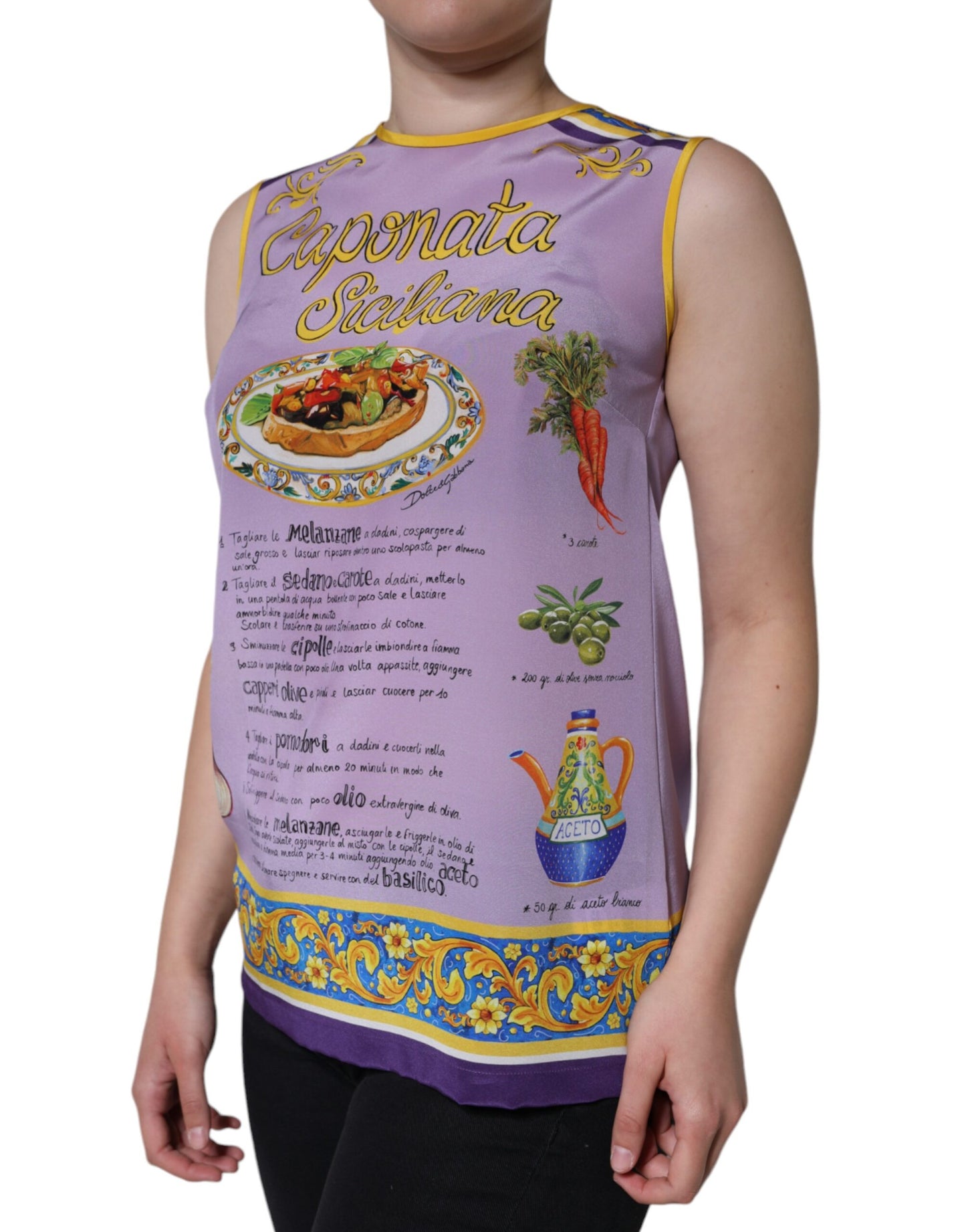 Dolce &amp; Gabbana Lila Seiden-Tanktop mit Caponata Siciliana-Print