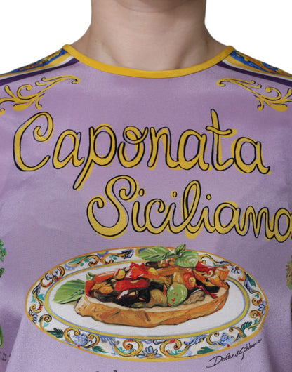 Dolce &amp; Gabbana Lila Seiden-Tanktop mit Caponata Siciliana-Print