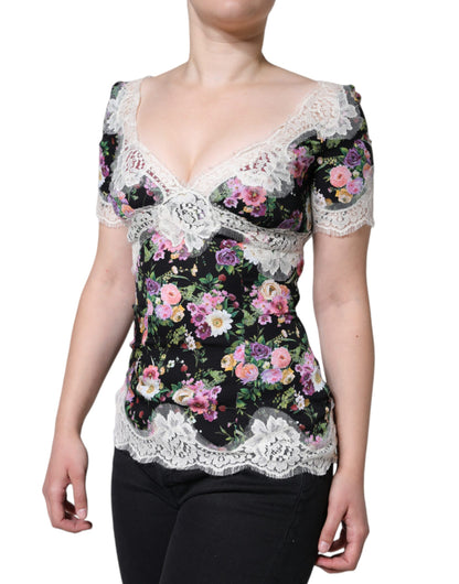 Dolce &amp; Gabbana – Schwarze Bluse mit kurzen Ärmeln und Blumenspitze