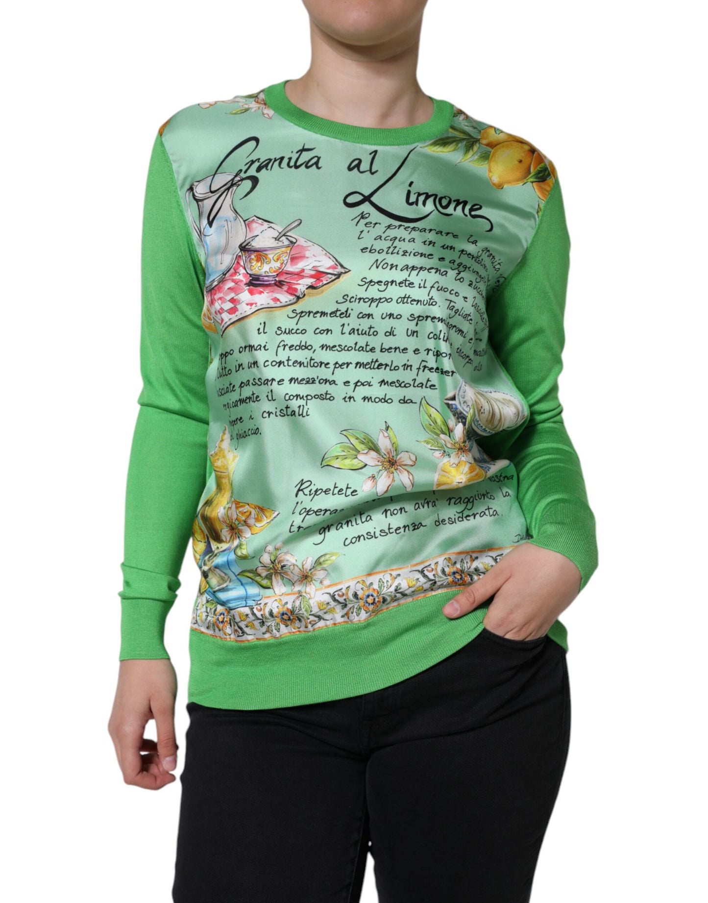 Dolce & Gabbana Green Silk Granita Al Limone Long Sleeves Sweater