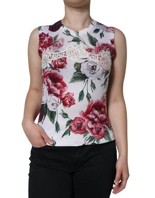 Weißes ärmelloses Tanktop aus Seide mit Blumenspitze von Dolce &amp; Gabbana