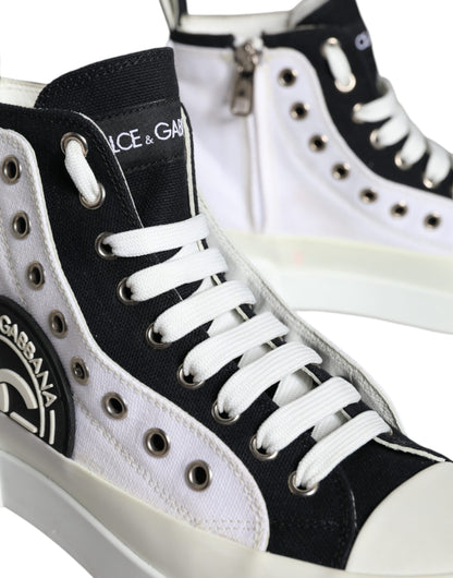 Dolce & Gabbana White Black Canvas Logo Mid Top Sneakers Shoes