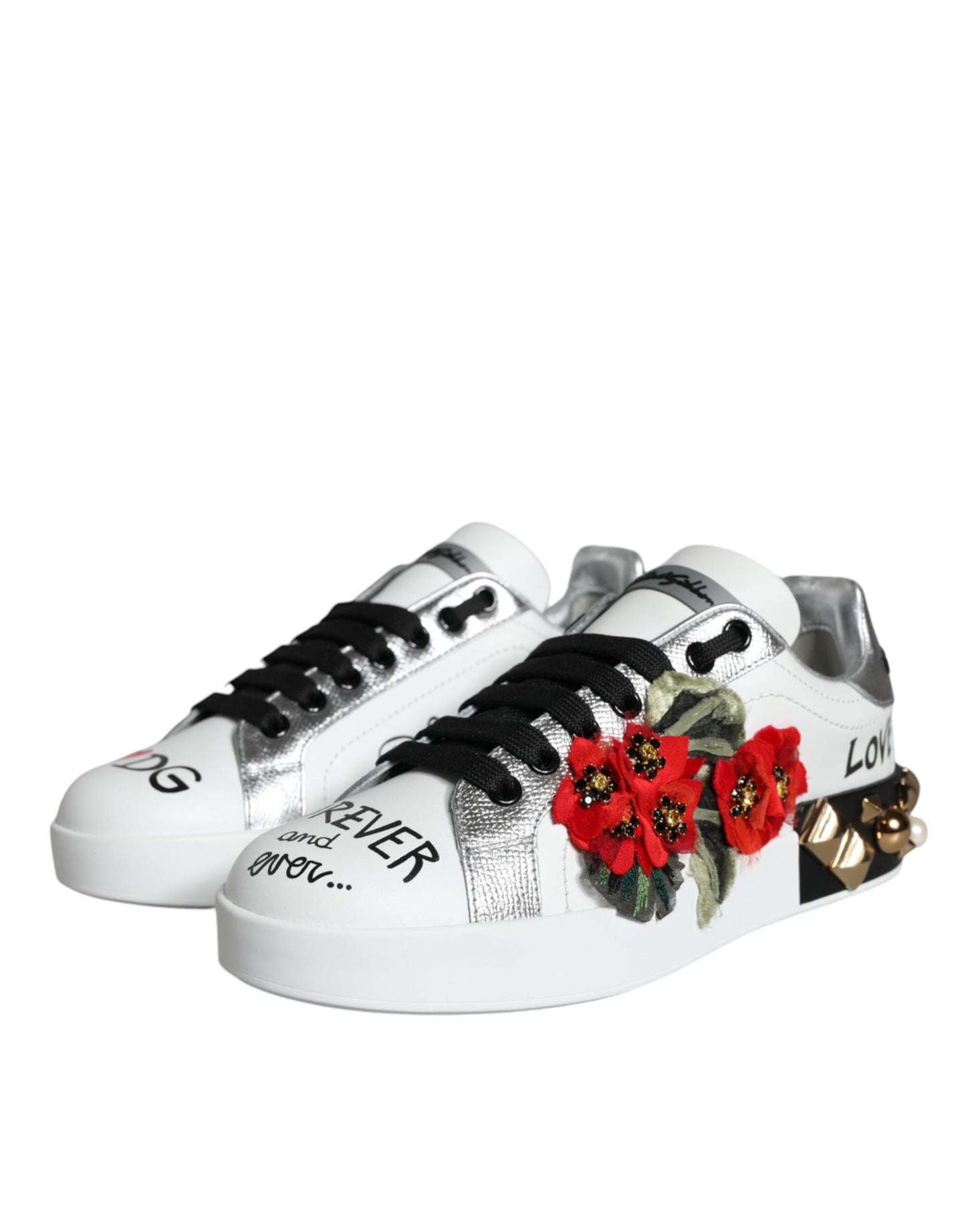 Dolce &amp; Gabbana – Weiße Sneakers aus Leder mit Blumen- und Nietenbesatz